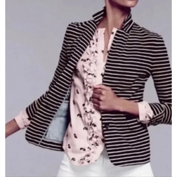 J. Crew Maritime Blazer Jacket Black Tan Stripe Button Front Cotton Knit Medium - Picture 1 of 8